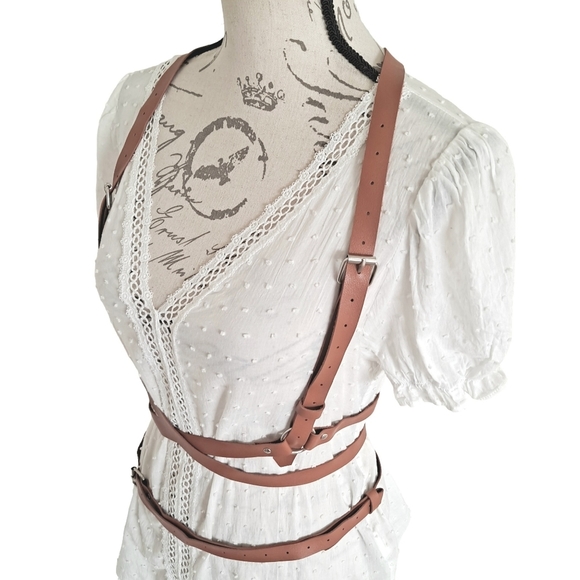 Faux leather brown Underbust adjustable harness suspenders sexy waist belt - Picture 7 of 15